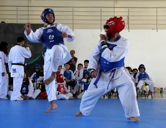 Jóvenes practicando combate de Taekwondo con peto y casco en torneo de Lobos TKD Pachuca